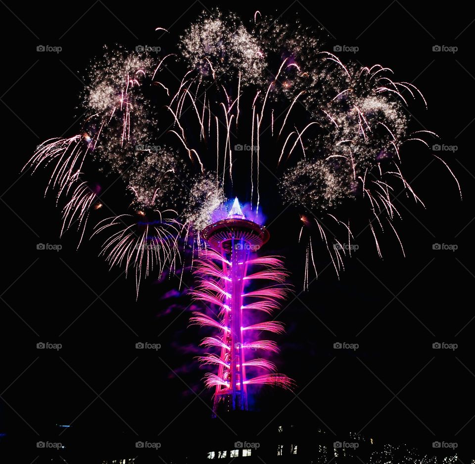 New year fireworks at space needle in Seattle USA