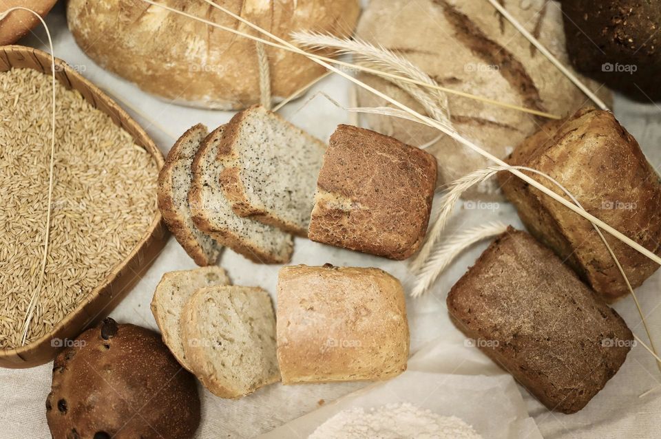 variety of types of bread top view