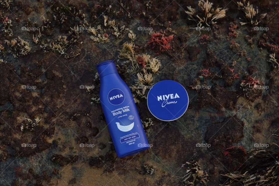 Nivea creme and body lotion are flaunted on the sea rock covered by very beautiful Marine macro algae or sea weeds.
