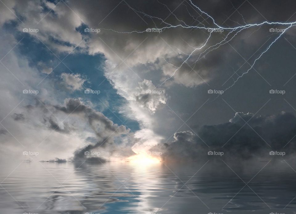 Sun and lightning over water. Sun and lightning over water