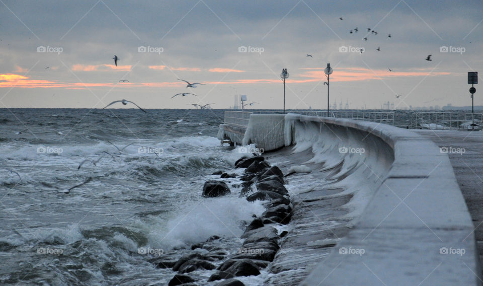 grey winter morning at the Baltic sea coast in Poland