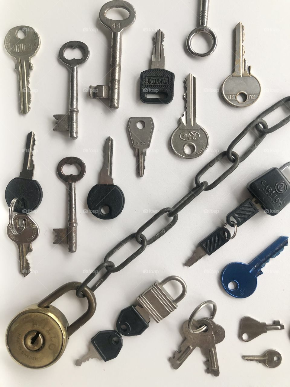 Flat lay old padlocks and keys