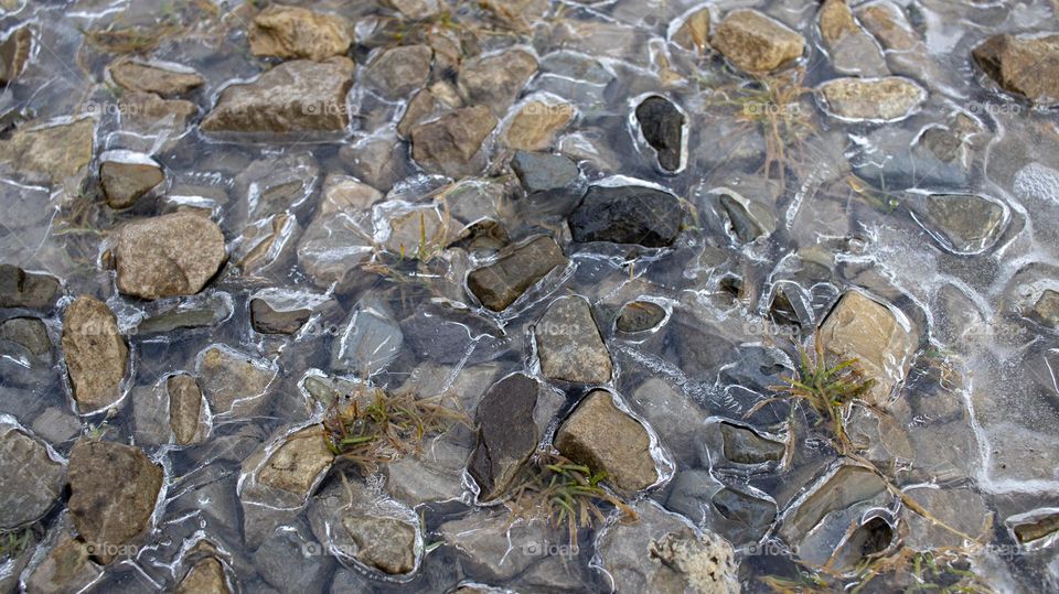 Frozen water on stones