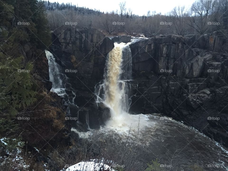 Waterfalls of the Pigeon River flow out to Lake Superior at Grand Portage in Minnesota. 
