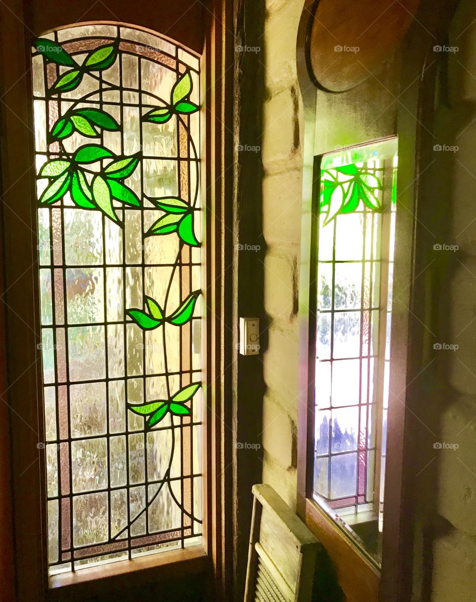 Stained glass reflection in the mirror 