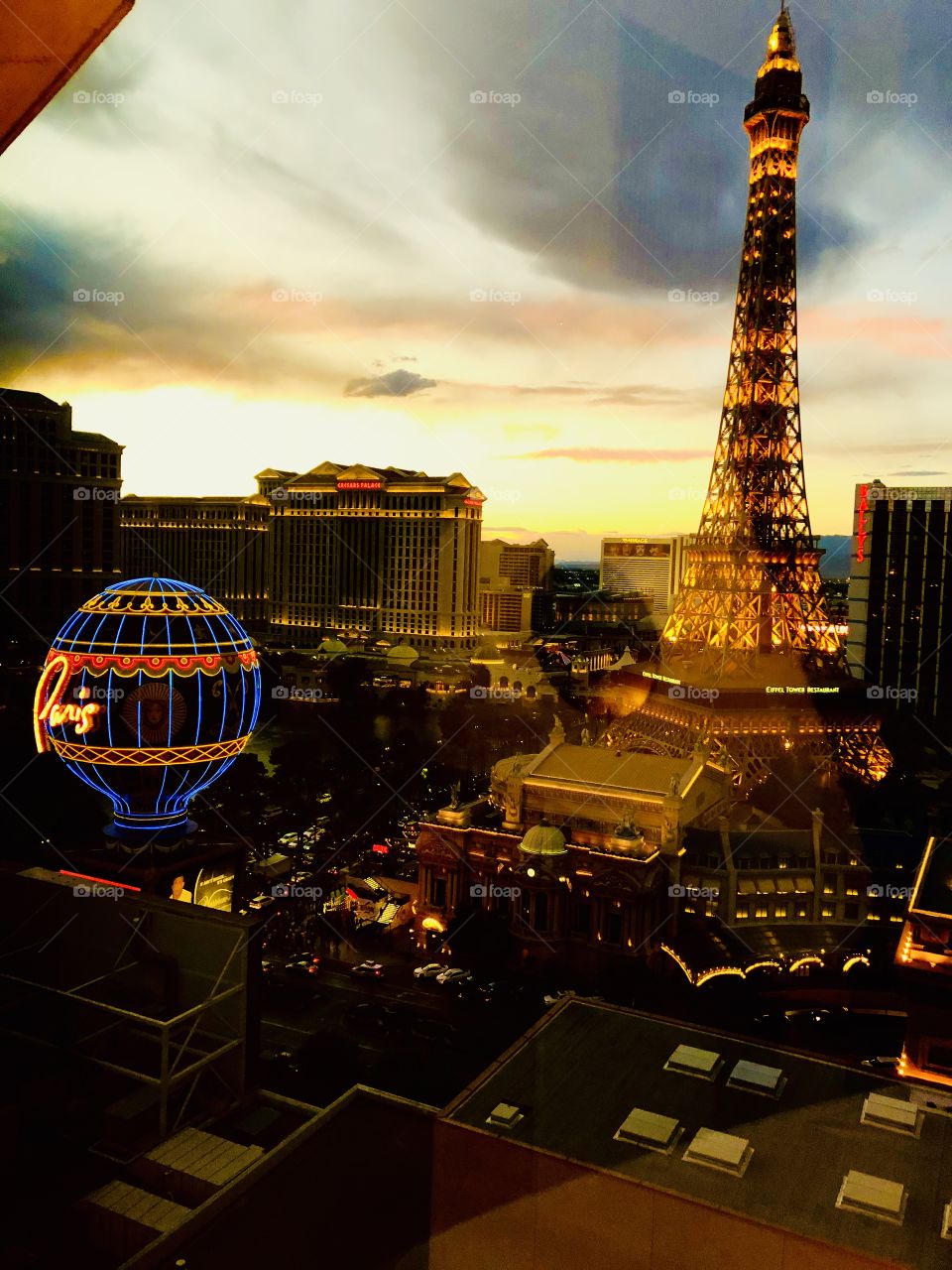Sunset over Paris Hotel in Las Vegas.