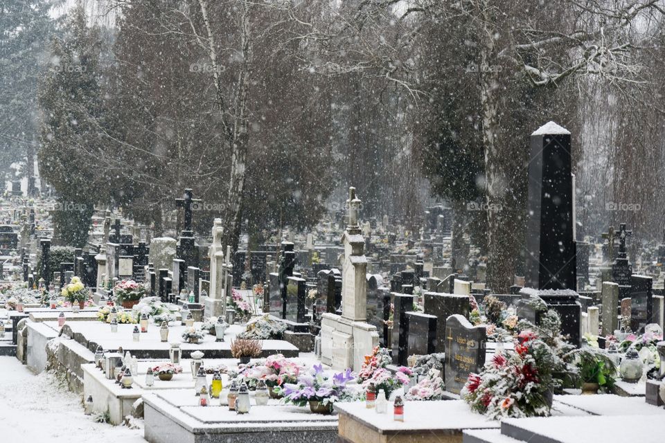 Cemetery covered with snow during winter. Slovakia