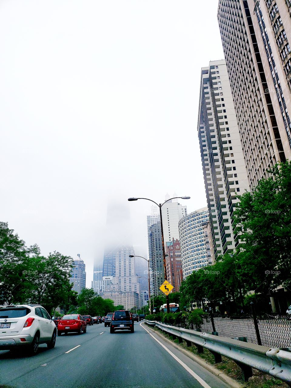 View of foggy downtown Chicago from traffic