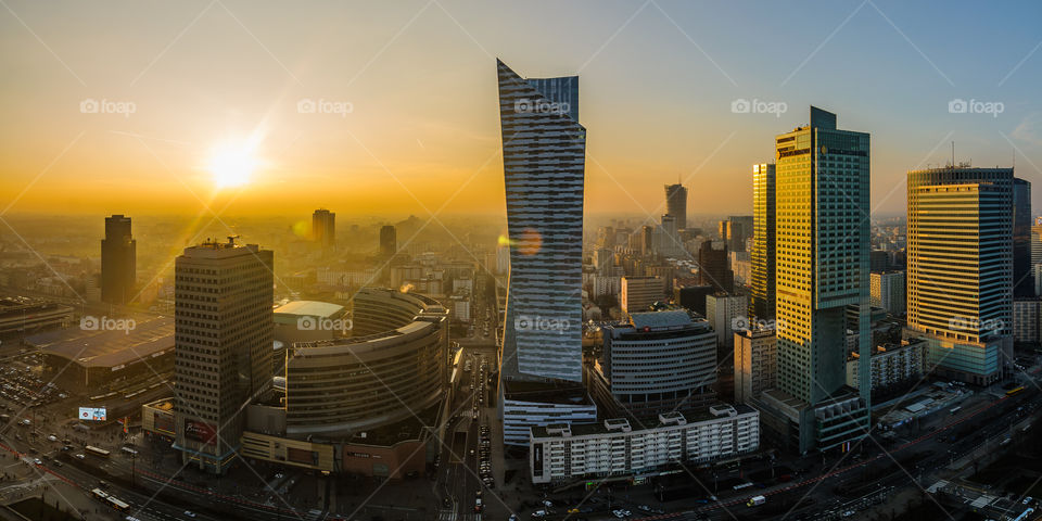 panoramic view of the center of modern Warsaw. sunset