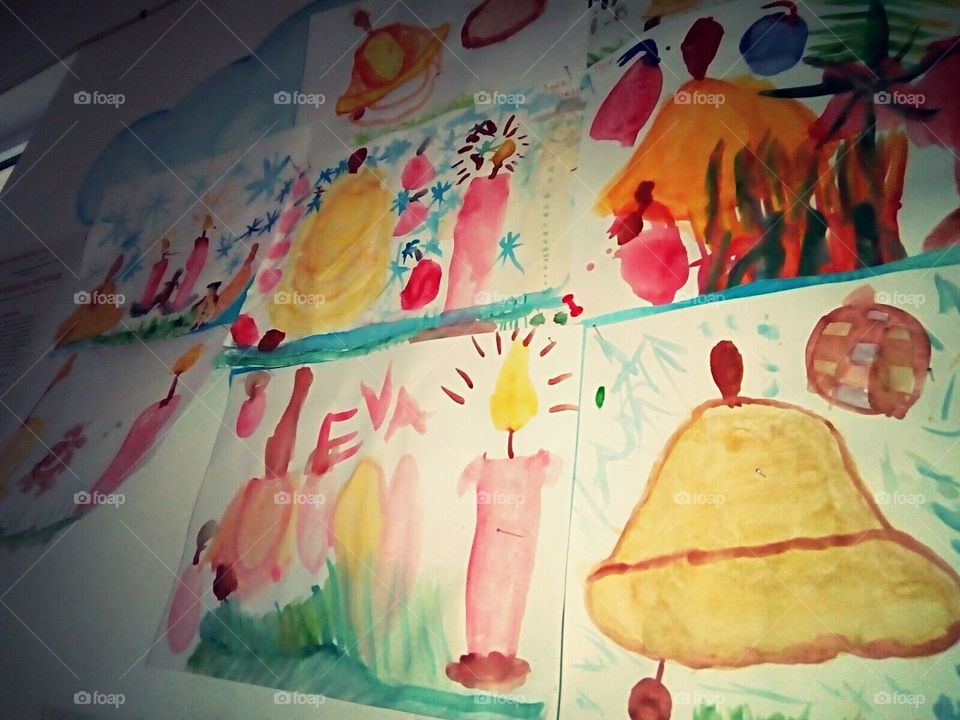 close-up of children drawings in kindergarten