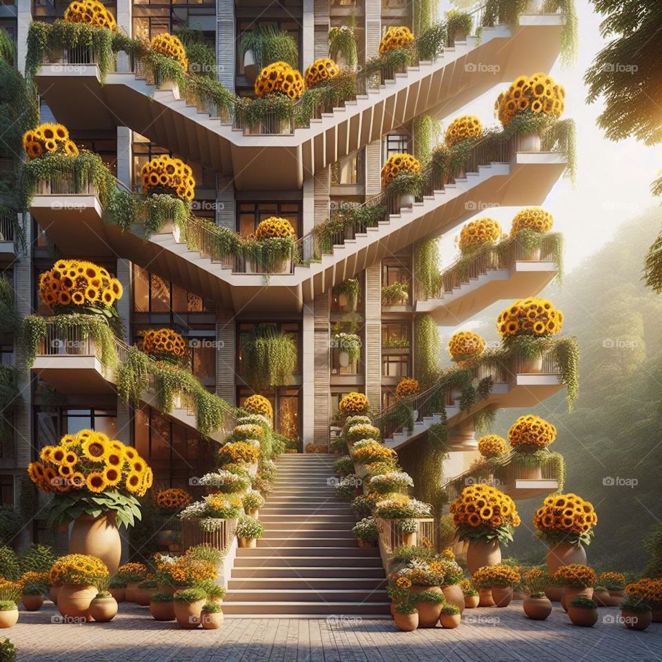 Harmony of Sunflowers and Concrete
Potted sunflowers are strategically placed following the shape of the concrete staircase structure.