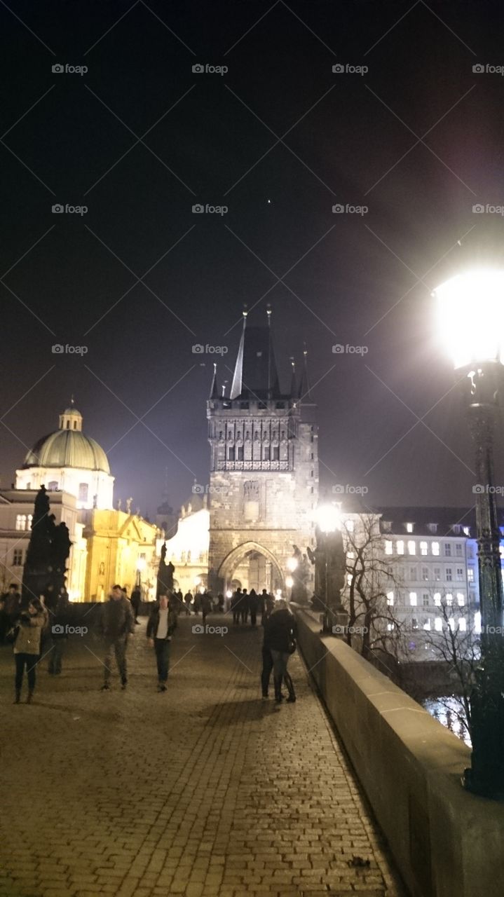 prague during the night - view from carls bridge - lights