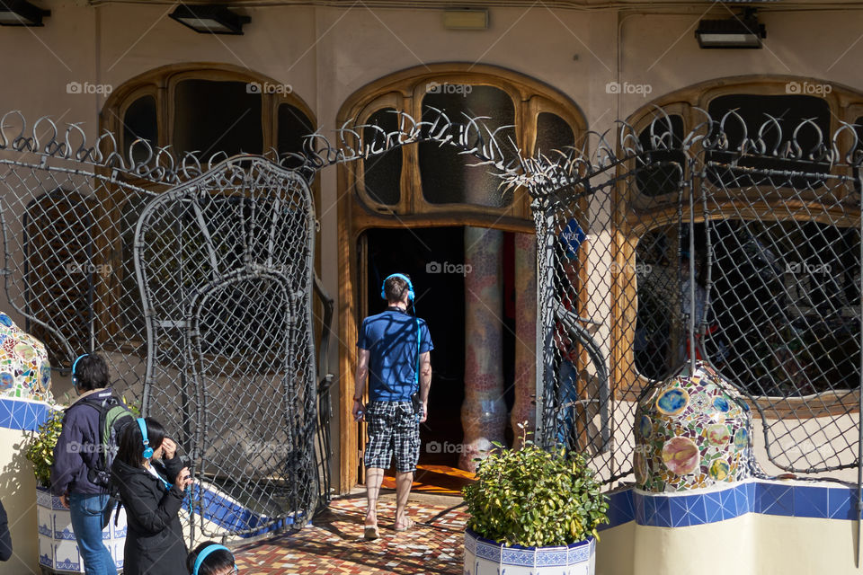 Hydraulic Pavement. Casa Batllo. Barcelona. Terrace. Line shadow's man