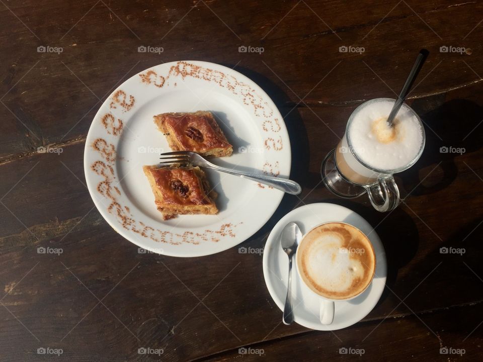 Cappuccino latte and baklava 