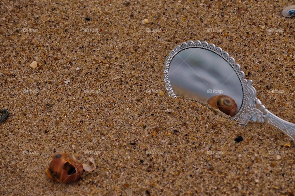 Reflection of a shell and sand at the beach, reflections in the mirror, not ordinary reflections at the beach, mirrors at the beach, handheld mirrors at the beach