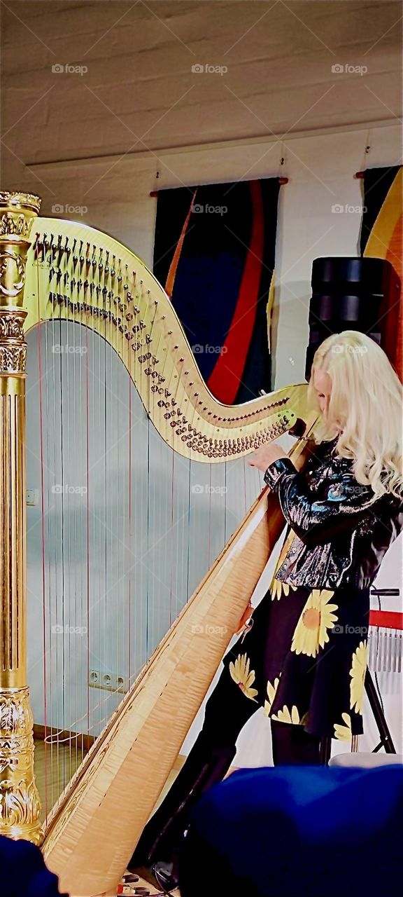 This lovely lady is testing the harp’s strings making adjustments to the tone when needed to get it ready for a concert. 2023. Hypnotic Productions