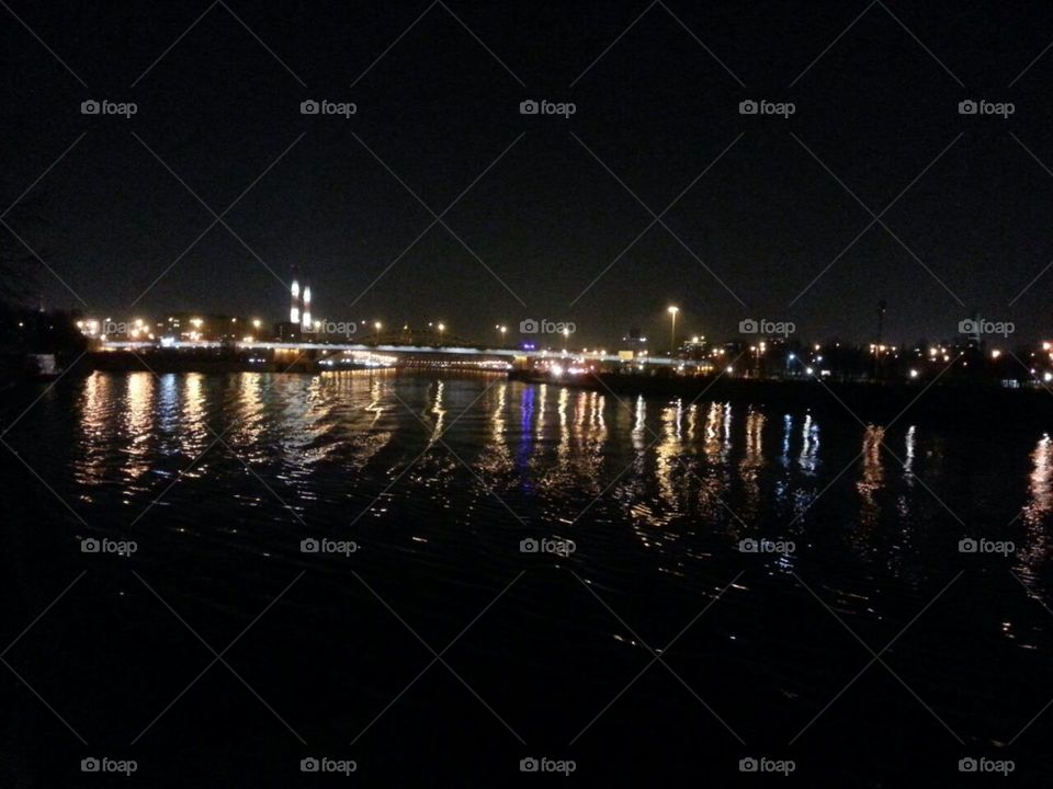 Berth, sunset, river,  Moscow, city, night city, Moscow does not sleep