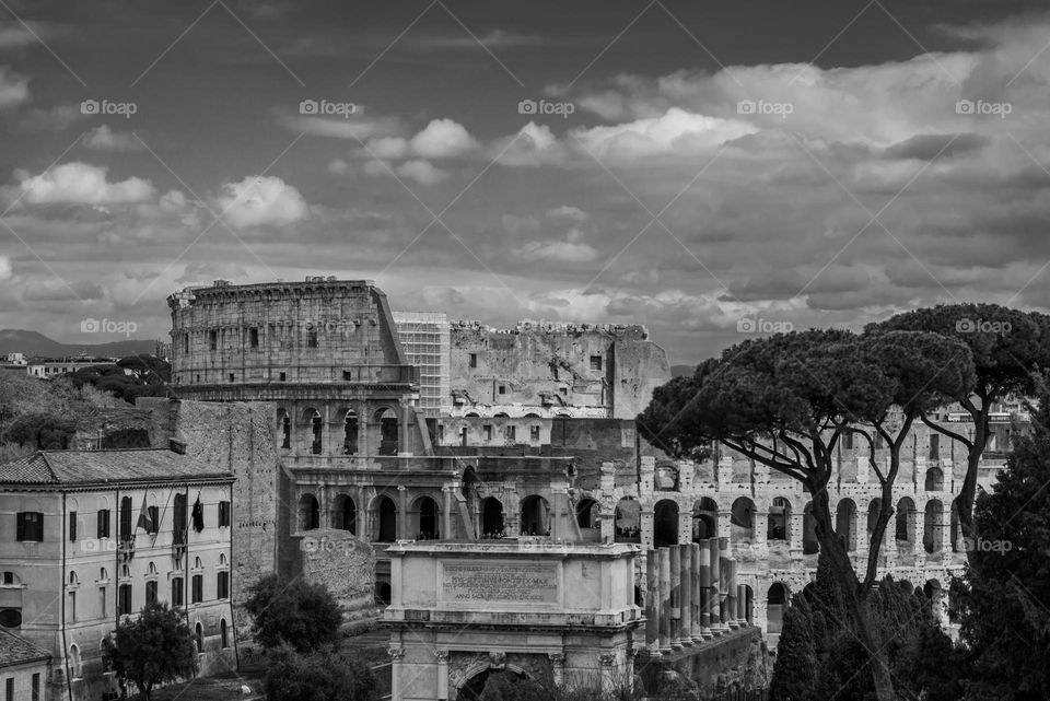 Black and white landscape view with Colosseum from Rome