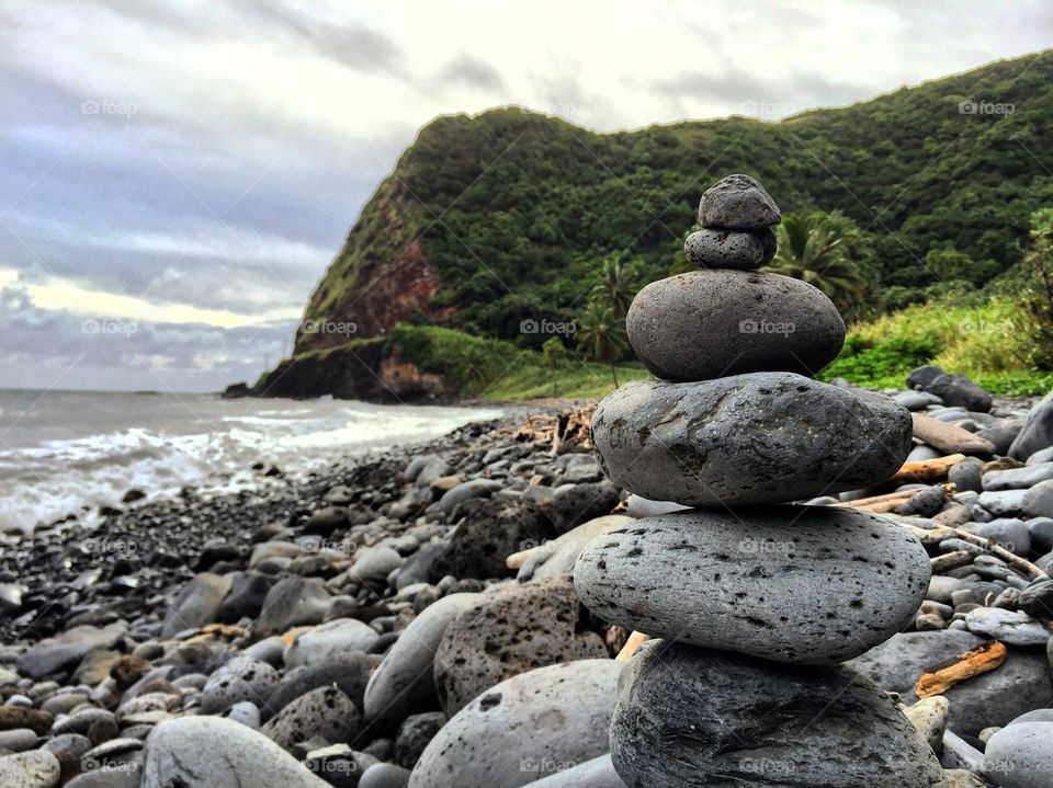 Hawaiian prayer rocks on the coast line
