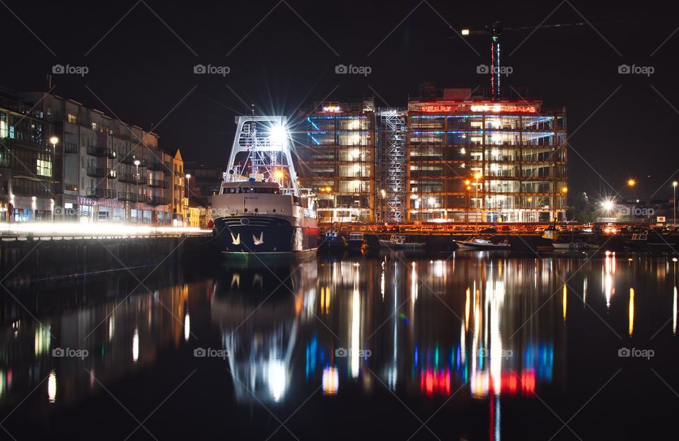 Night scene at Galway docks in Ireland