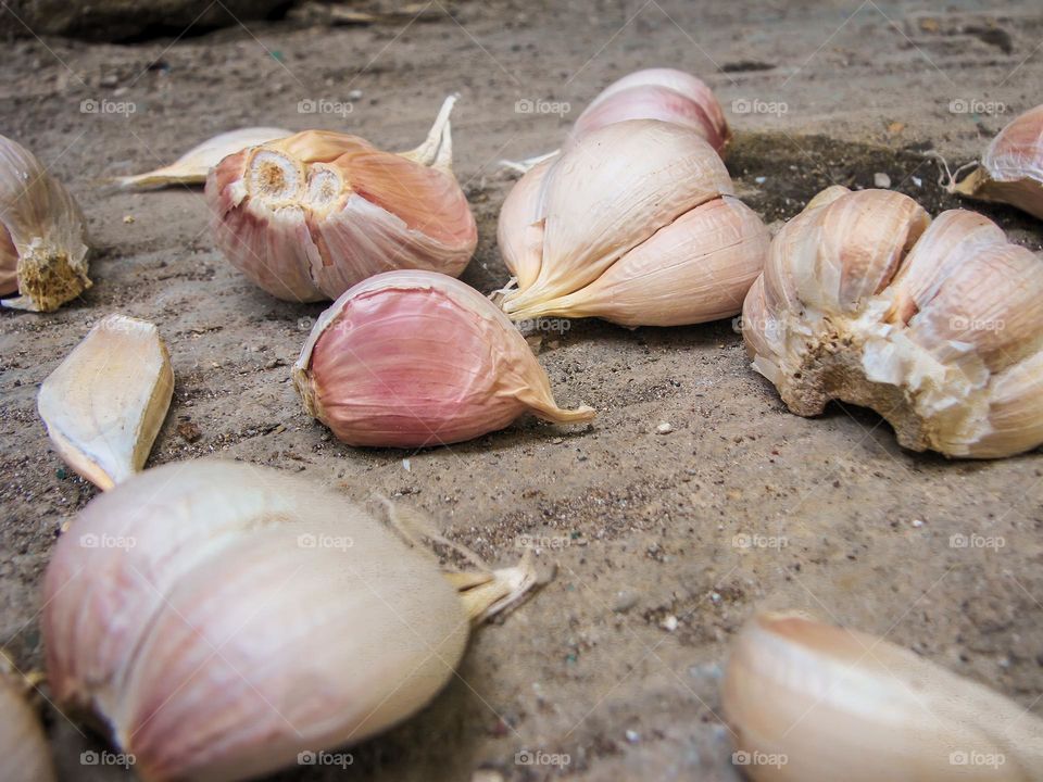 Close-up of raw garlic falling on the ground