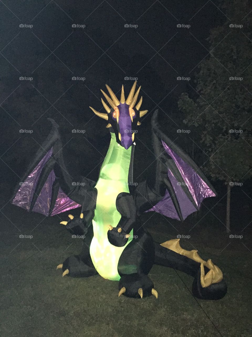 Oh no Dragons are invading!. Nationwide Insurance in my town thought it would be great decoration for their lawn at night for Halloween. 
