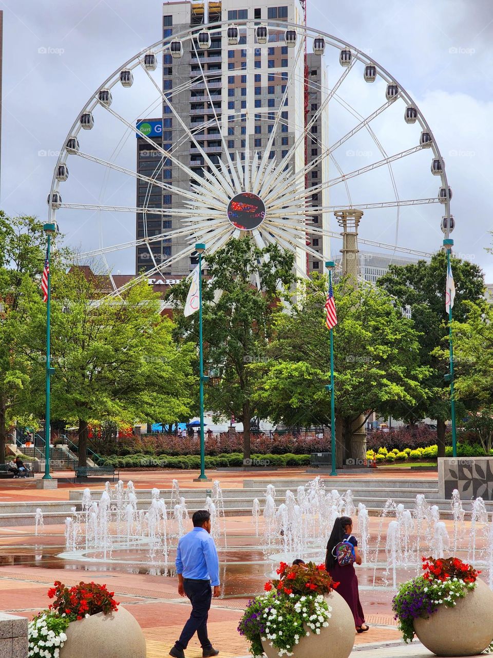 A large Ferris Wheel anchors the downtown in Atlanta Georgia offering fun and great views
