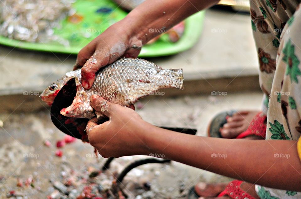 A young lady cleaned the fish by using a unique knife that is commonly used in Bangladesh.