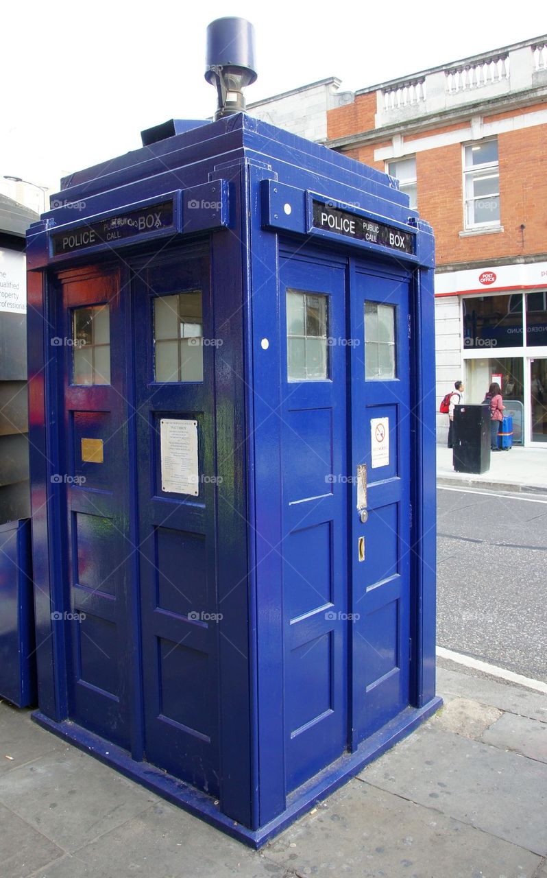 Blue police box in London England