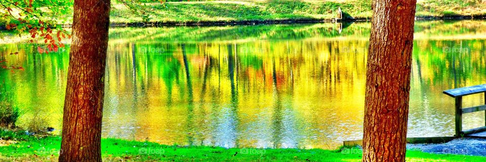 Beautiful view of the lake in fall in Indiana. 