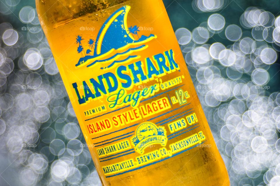 Beer. Close-up of a land shark beer bottle with water reflection in the background