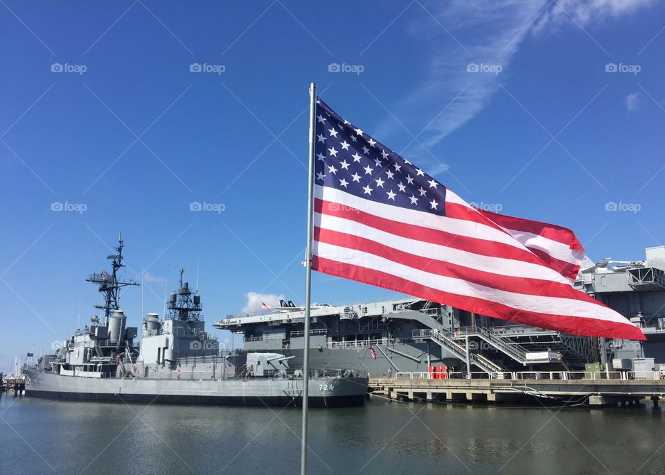 USS Laffey with the US flag