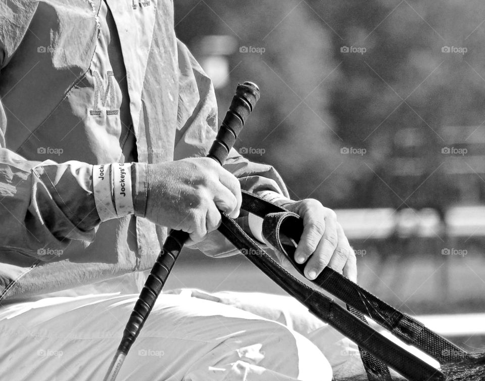 Hands of a Champion. Black and white photo of jockey Javier Castellano's  hands of steel. 
Fleetphoto