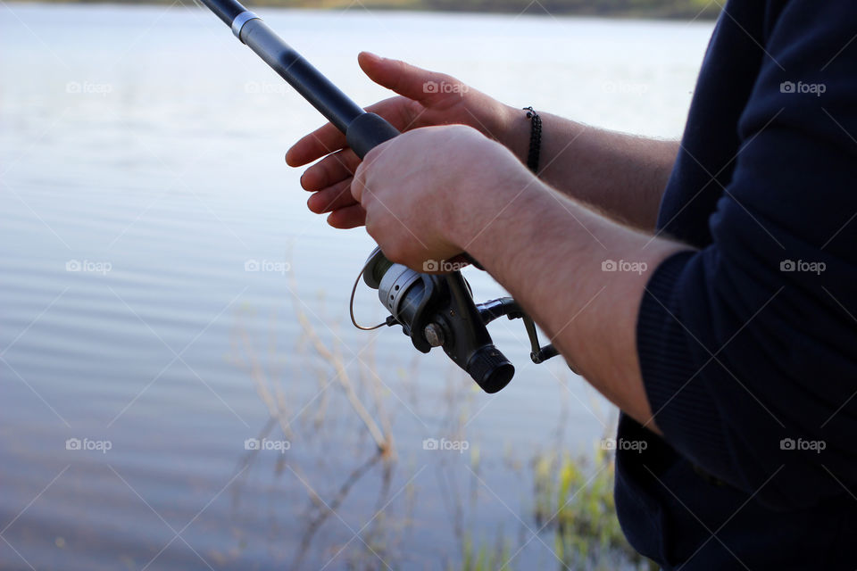 Fishing rod, lake, river, shore, sandy beach, sand, nature, hands, man hands, fisherman, fishing