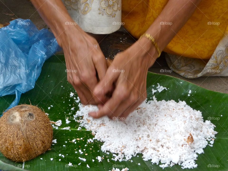 Hands of a woman. Woman's hands forming rice balls at the Women's Festival Pongala in Trivandrum, South India