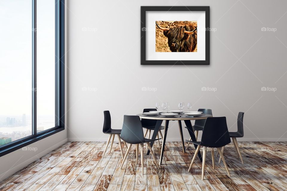 Dining Room With Highland Cow Art, Highland Cow Photography, Highland Coo, Room Staging 