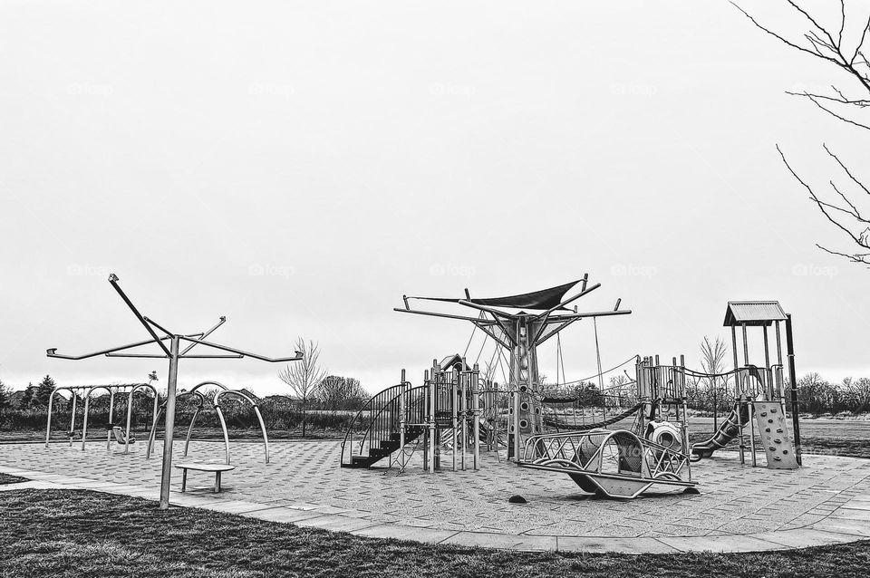 Black and white architecture of a playground, black and white structures, monochrome playground architecture, playground in the Midwest, play outside more, kid’s playground in black and white 