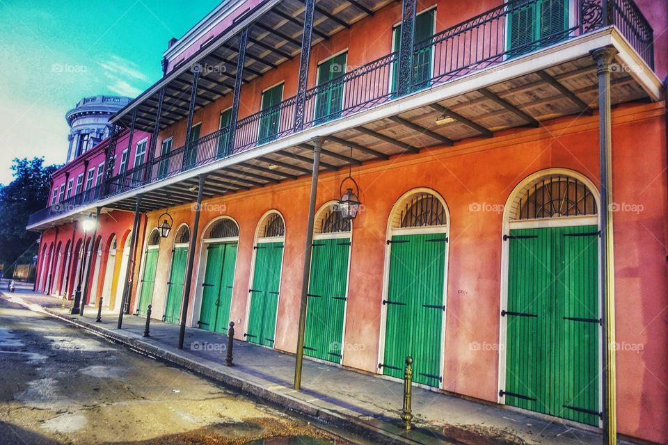 Vintage architecture along a street at the French Quarter, New Orleans, Louisiana, USA. A quiet street.