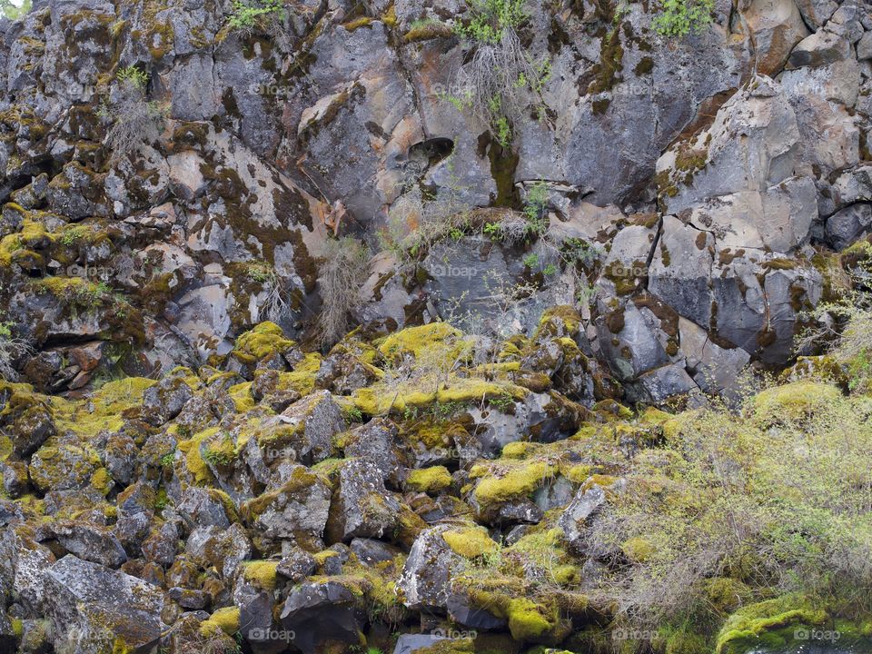 Rough and jagged rock walls form the canyon at Dillon Falls on the Deschutes River in Central Oregon. 