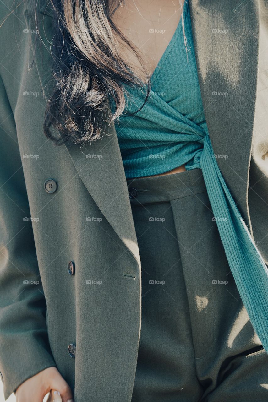 close up monochrome green blue outfit suit woman tie shirt fabric hair outfit pretty aesthetic business classy women’s 