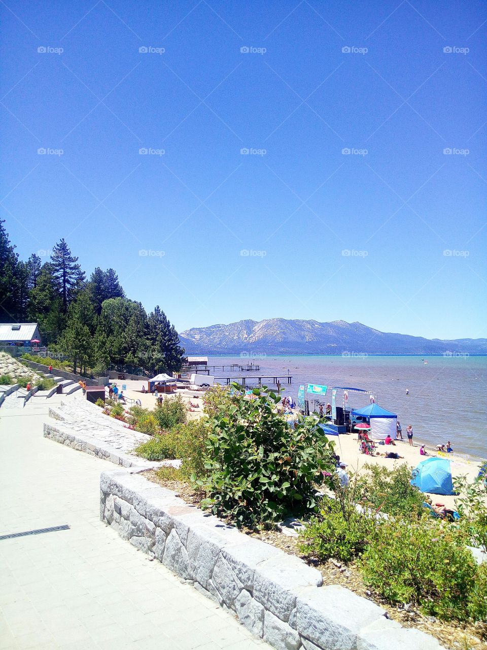 Breathtaking view of mountain and south lake Tahoe Beach.
