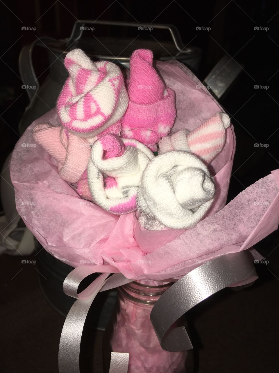 Homemade bouquet made from baby socks