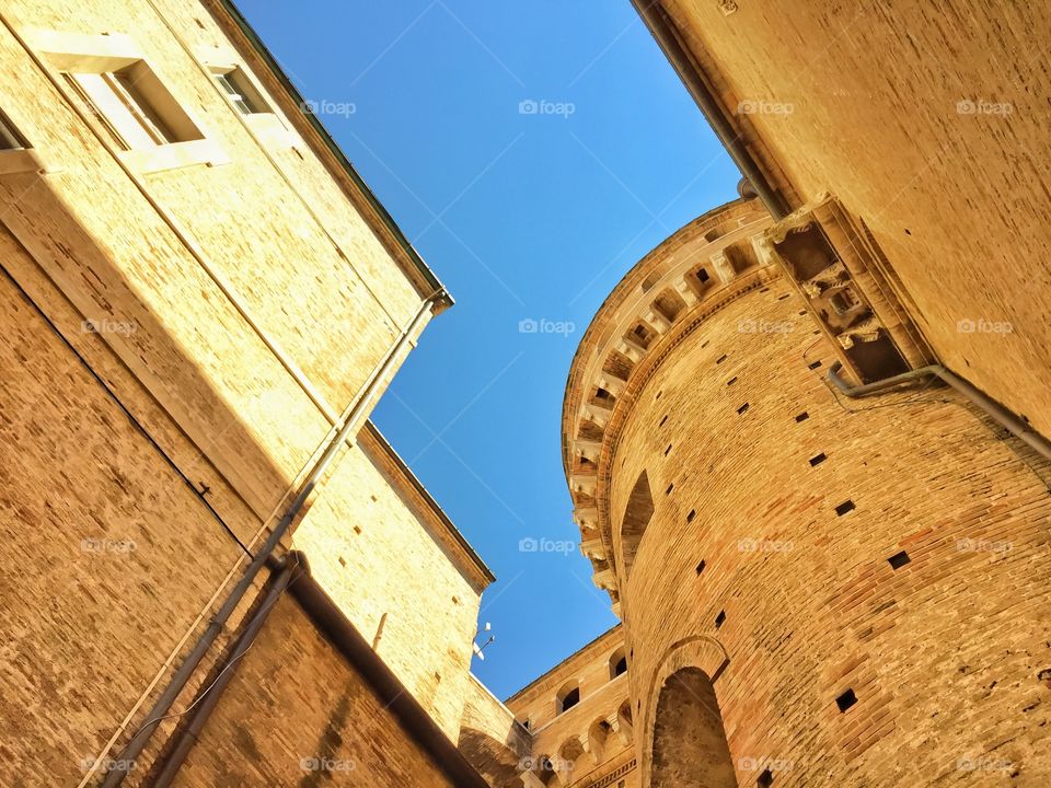 Perspective view of a medieval tower in Loreto