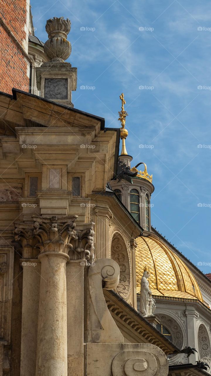 close-up of the beautiful façades of the cathedral at the Wawel Royal Castle