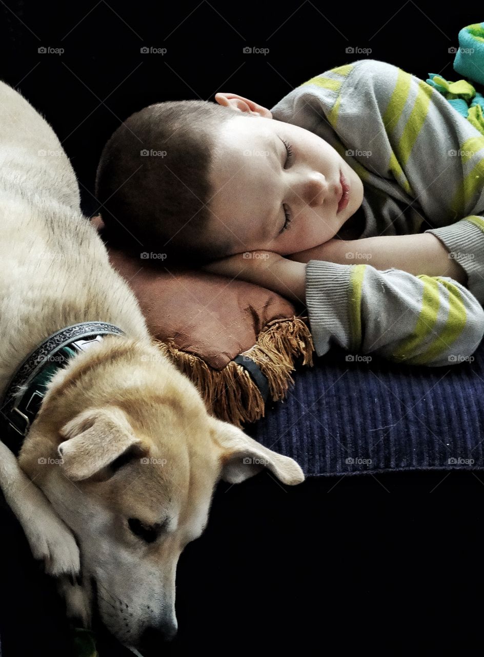 Boy Napping With His Dog
