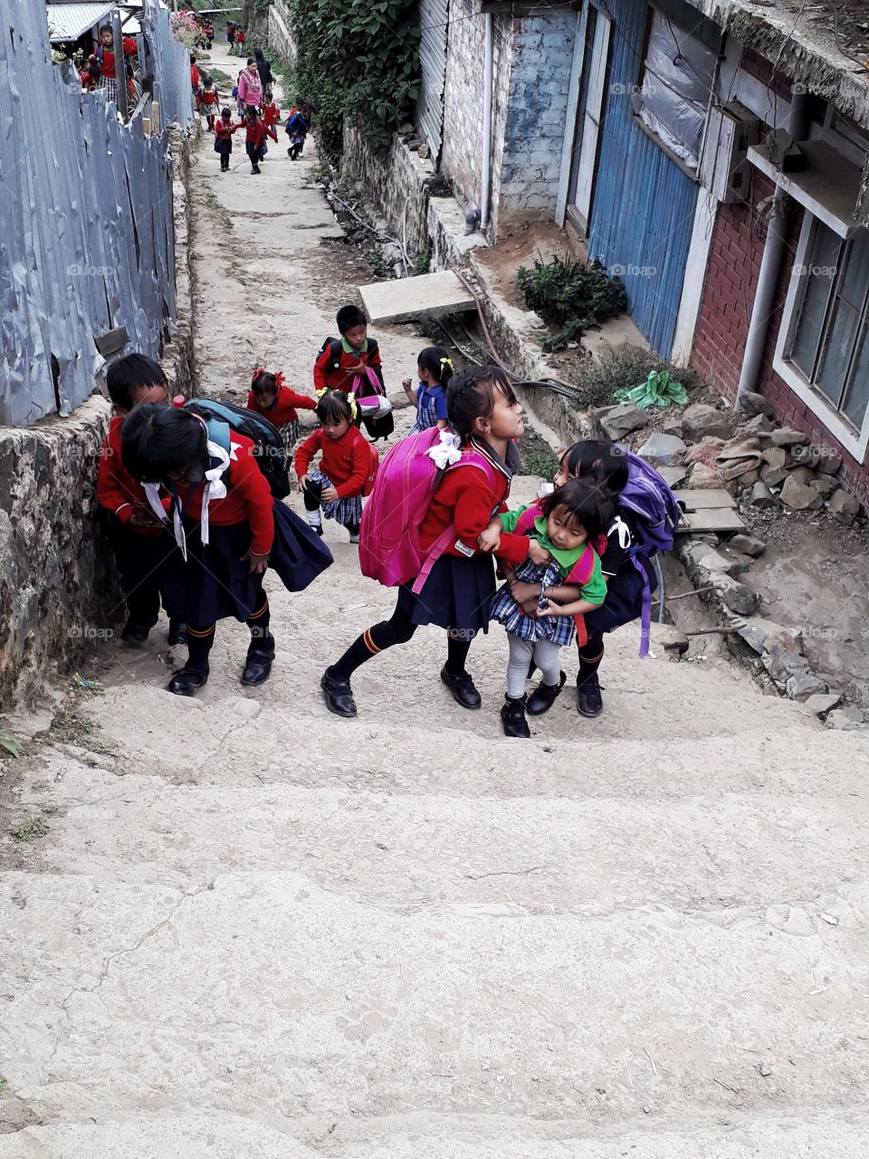 In the highlands of Ukhrul, Manipur, India, these children walk up and down every weekday to school and back to their home.