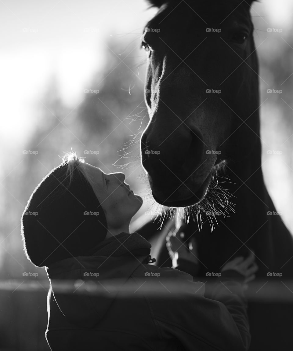 Woman and horse in blackwhite