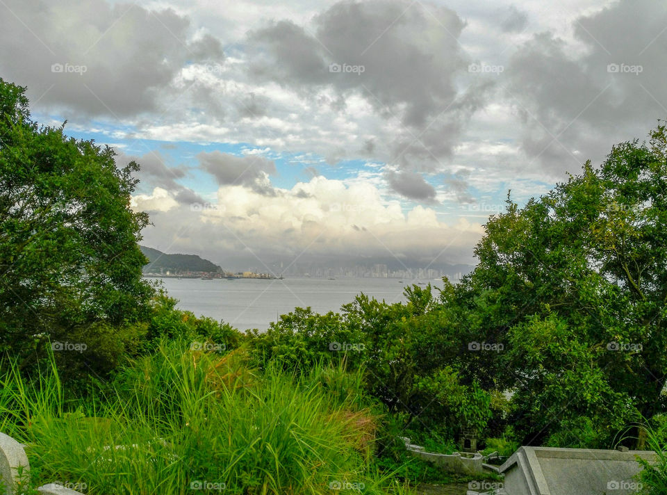 A scenic view of Hong Kong Island from Ma Wan Island