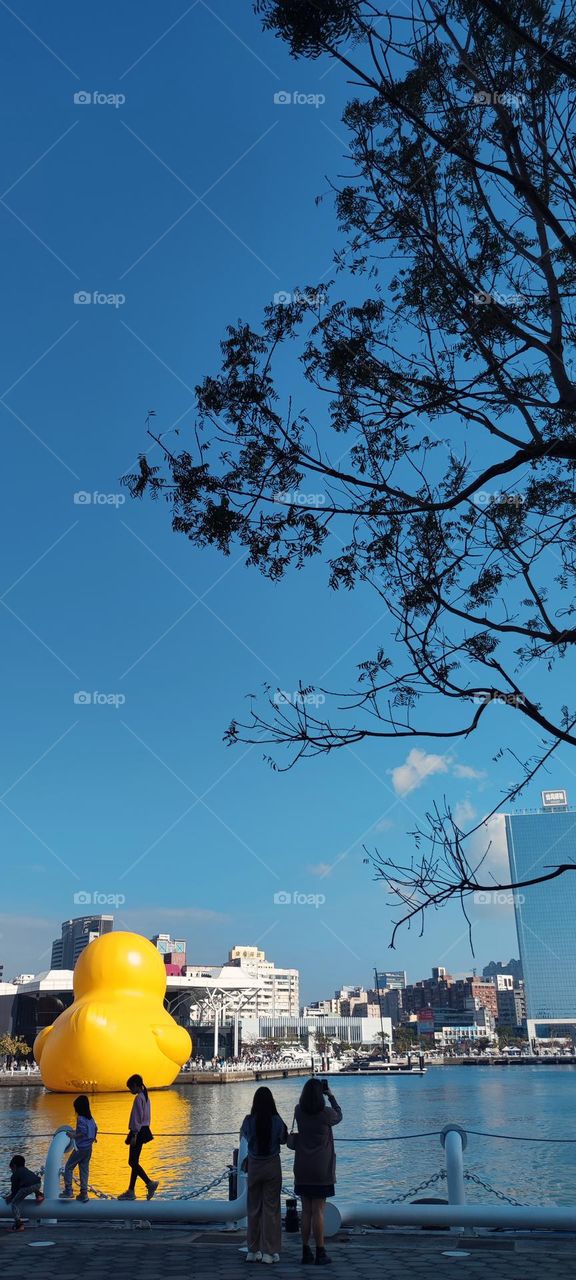 Rubber Duck floating on Love River Bay in Kaohsiung, Taiwan