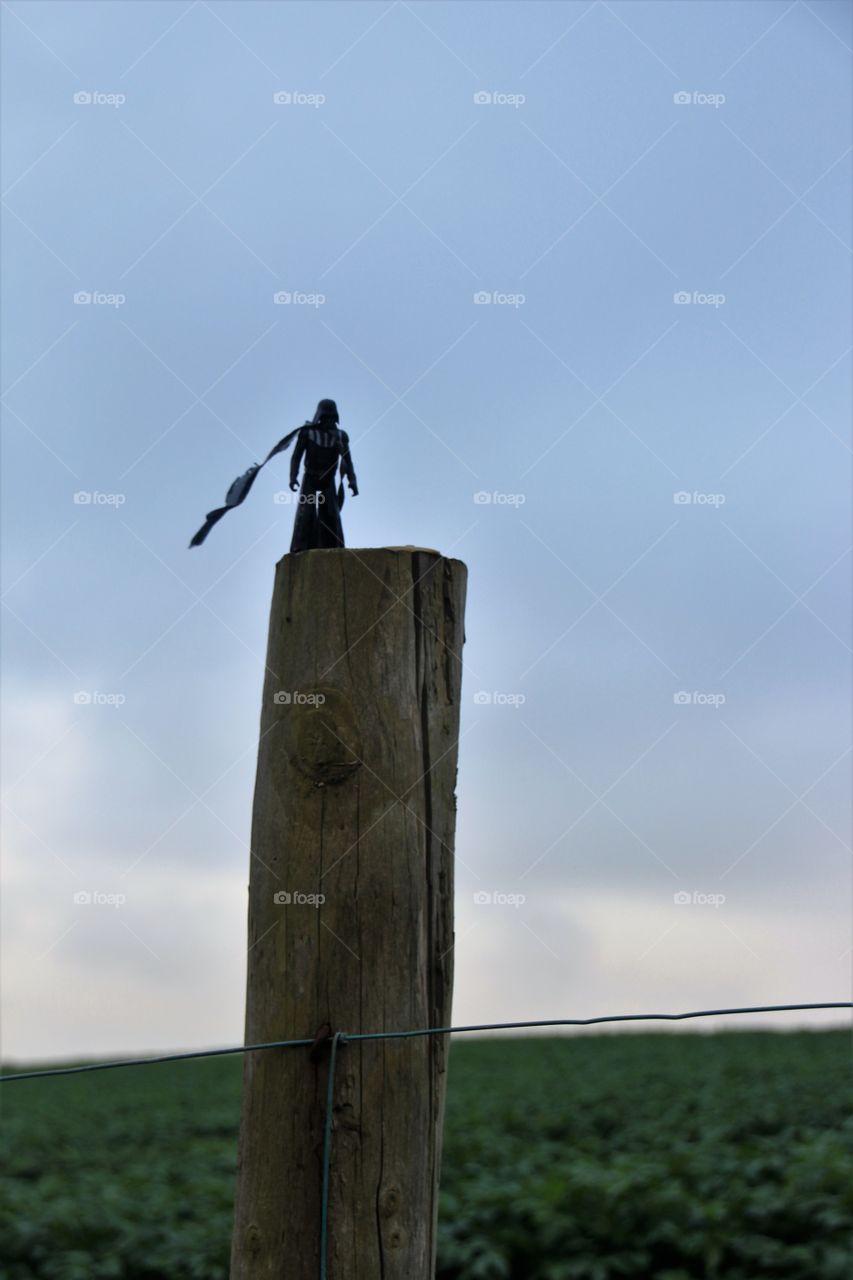 Darth Vader attatched to the top of a fence post